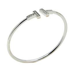 Pre Owned Tiffany & Co. T Wire Diamond 18k White Gold Open Cuff Bracelet SM