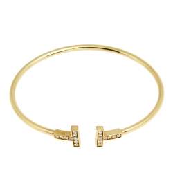 Pre Owned Tiffany & Co. T Wire Diamond 18k Yellow Gold Open Cuff Bracelet