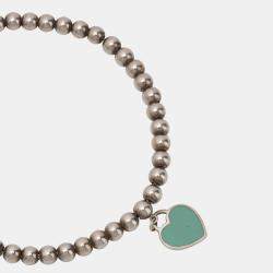 Pre Owned Tiffany Blue Heart Tag Bead Sterling Silver Enamel Bracelet 15.5 