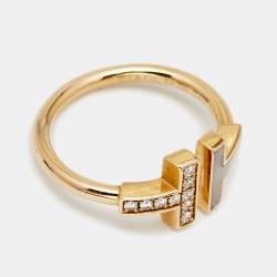 Tiffany & Co. Tiffany T Wire Mother of Pearl Diamonds 18k Rose Gold Ring Size 52