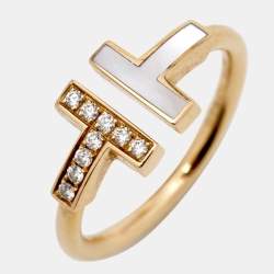 Tiffany & Co. Tiffany T Wire Mother of Pearl Diamonds 18k Rose Gold Ring Size 52