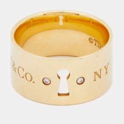 Tiffany & Co. Keyhole Diamond 18k Yellow Gold Wide Band Ring Size 50