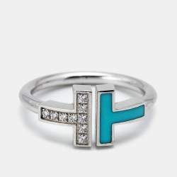 Pre Owned Tiffany & Co. Twire Turquoise Diamonds 18k White Gold Ring Size 52