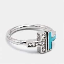 Pre Owned Tiffany & Co. Twire Turquoise Diamonds 18k White Gold Ring Size 52