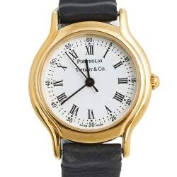 Pre Owned Tiffany & Co White Gold Plated Stainless Steel Leather Portfolio Women's Wristwatch 24 mm 
