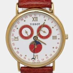 Tissot White Dial Yellow Gold Plated Leather Vintage Moon Phase Annual Calendar C295 Women's Wristwatch 33 mm