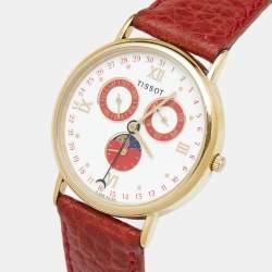 Tissot White Dial Yellow Gold Plated Leather Vintage Moon Phase Annual Calendar C295 Women's Wristwatch 33 mm