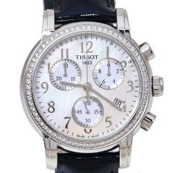 Pre Owned Tissot Mother Of Pearl Stainless Steel & Leather Diamond Dressport T050.217.16.112.01 Women's Wristwatch 35 mm