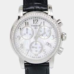 Pre Owned Tissot Mother Of Pearl Stainless Steel Leather Diamond Dressport T050.217.16.112.01 Women's Wristwatch 35 mm