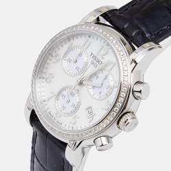 Pre Owned Tissot Mother Of Pearl Stainless Steel Leather Diamond Dressport T050.217.16.112.01 Women's Wristwatch 35 mm
