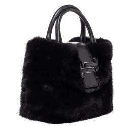 مملوكة مسبقًا حقيبة تودز تي فلاب جلد وفرو منك أسود