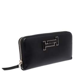 Pre Owned Tod's Black Leather Double T Zip Around Continental Wallet