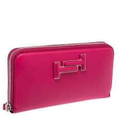 Pre Owned Tod's Pink Leather Double T Zip Around Continental Wallet