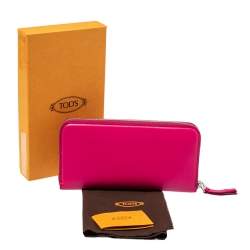 Pre Owned Tod's Fuchsia Leather Double T Zip Around Wallet