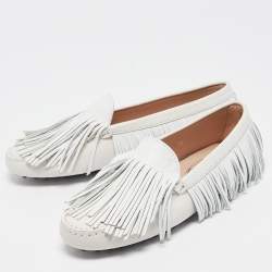 Pre Owned Tod's White Leather Fringed Loafers Size 35