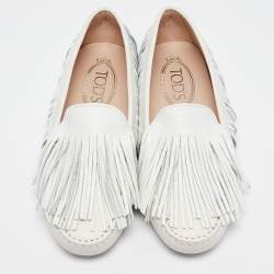 Pre Owned Tod's White Leather Fringed Loafers Size 35