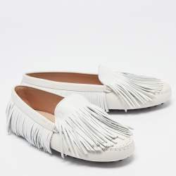Pre Owned Tod's White Leather Fringed Loafers Size 35