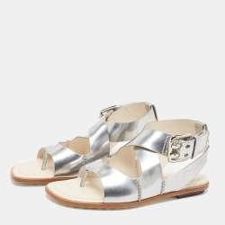 Tod's Silver Leather Buckle Ankle Strap Flat Sandals Size 37