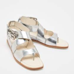 Tod's Silver Leather Buckle Ankle Strap Flat Sandals Size 37