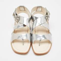 Tod's Silver Leather Buckle Ankle Strap Flat Sandals Size 37