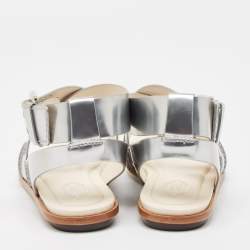Tod's Silver Leather Buckle Ankle Strap Flat Sandals Size 37