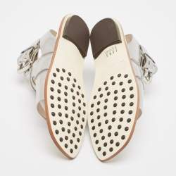 Tod's Silver Leather Buckle Ankle Strap Flat Sandals Size 37