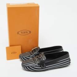 Tod's Black/White Striped Leather Embellished Slip On Loafers Size 37