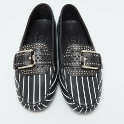Tod's Black/White Striped Leather Embellished Slip On Loafers Size 37