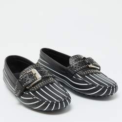 Tod's Black/White Striped Leather Embellished Slip On Loafers Size 37