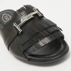 مملوكة مسبقًا Tod's Black Leather Fringed Double T Buckle Flat Slides Size 40
