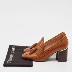 Tod's Brown Leather Tassel Block Heel Loafer Pumps Size 38.5