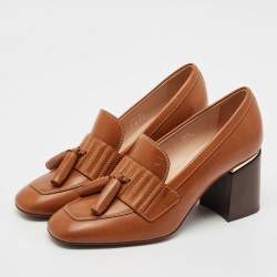 Tod's Brown Leather Tassel Block Heel Loafer Pumps Size 38.5