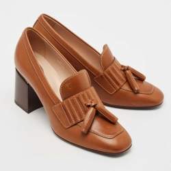 Tod's Brown Leather Tassel Block Heel Loafer Pumps Size 38.5