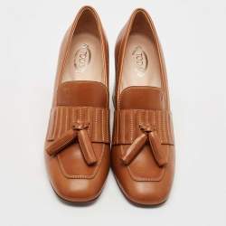 Tod's Brown Leather Tassel Block Heel Loafer Pumps Size 38.5