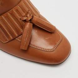 Tod's Brown Leather Tassel Block Heel Loafer Pumps Size 38.5
