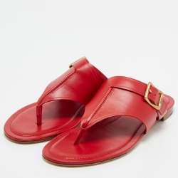 Pre Owned Tod's Red Leather Buckle Detail Thong Flats Size 38.5