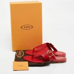 Pre Owned Tod's Red Leather Buckle Detail Thong Flats Size 38.5