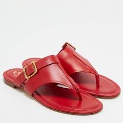 Pre Owned Tod's Red Leather Buckle Detail Thong Flats Size 38.5