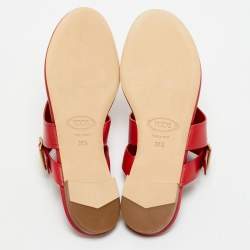 Pre Owned Tod's Red Leather Buckle Detail Thong Flats Size 38.5