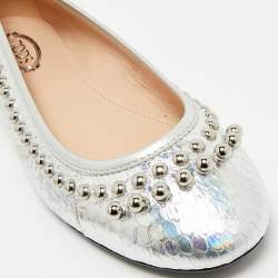 Tod's Silver Python Embossed Leather Studded Ballet Flats Size 35.5