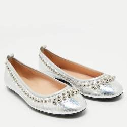 Tod's Silver Python Embossed Leather Studded Ballet Flats Size 35.5