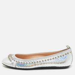 Tod's Silver Python Embossed Leather Studded Ballet Flats Size 35.5
