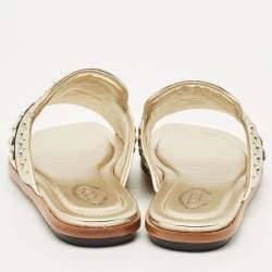 Pre Owned Tod's Gold Leather Studded Embellished Flat Slides Size 37.5
