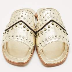Pre Owned Tod's Gold Leather Studded Embellished Flat Slides Size 37.5