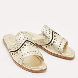 Pre Owned Tod's Gold Leather Studded Embellished Flat Slides Size 37.5