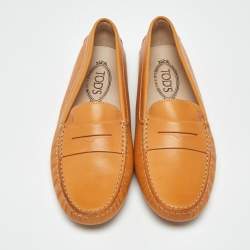 Pre Owned Tod's Light Brown Leather Gommino Bow Slip On Loafers Size 39