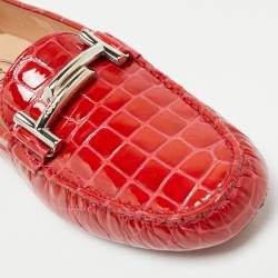 Pre Owned Tod's Red Croc Embossed Patent Leather Double T Loafers Size 41