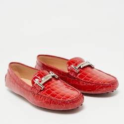 Pre Owned Tod's Red Croc Embossed Patent Leather Double T Loafers Size 41