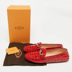 Pre Owned Tod's Red Croc Embossed Patent Leather Double T Loafers Size 41