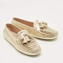 Pre Owned Tod's Gold Leather Tassel Bow Fringe Driver Loafers Size 36